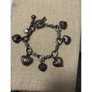 Vintage Silver Puffy Hearts Charm Bracelet 7" links toggle closure
